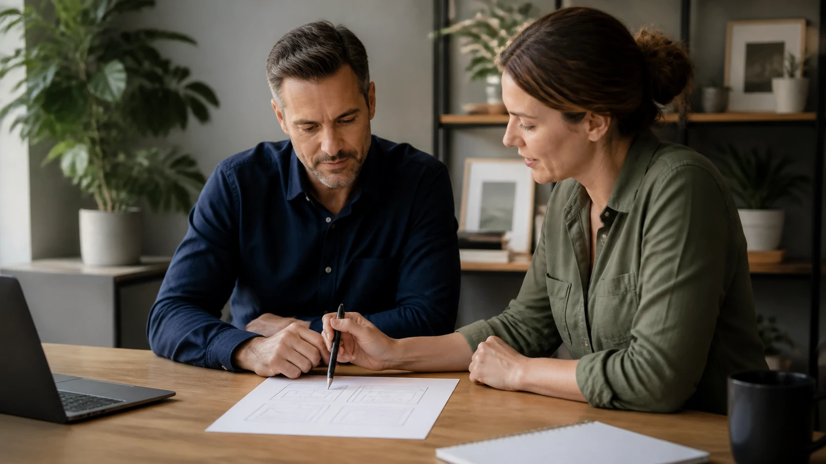 Business owner reviewing website goal notes with designer