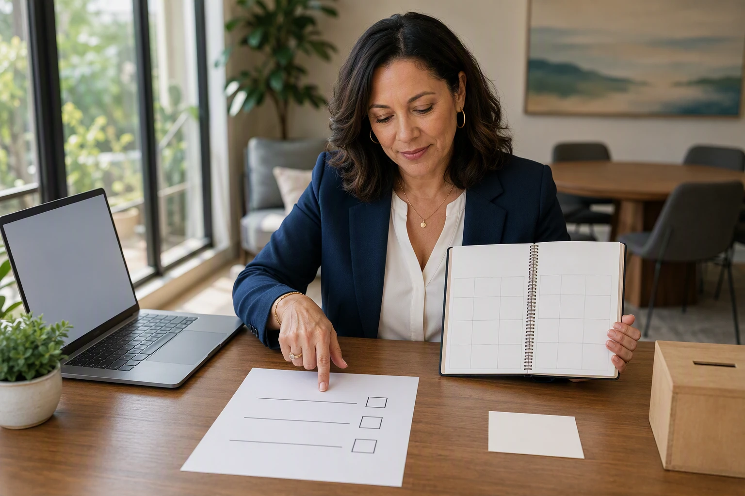 Nonprofit director reviewing simplified booking form on laptop