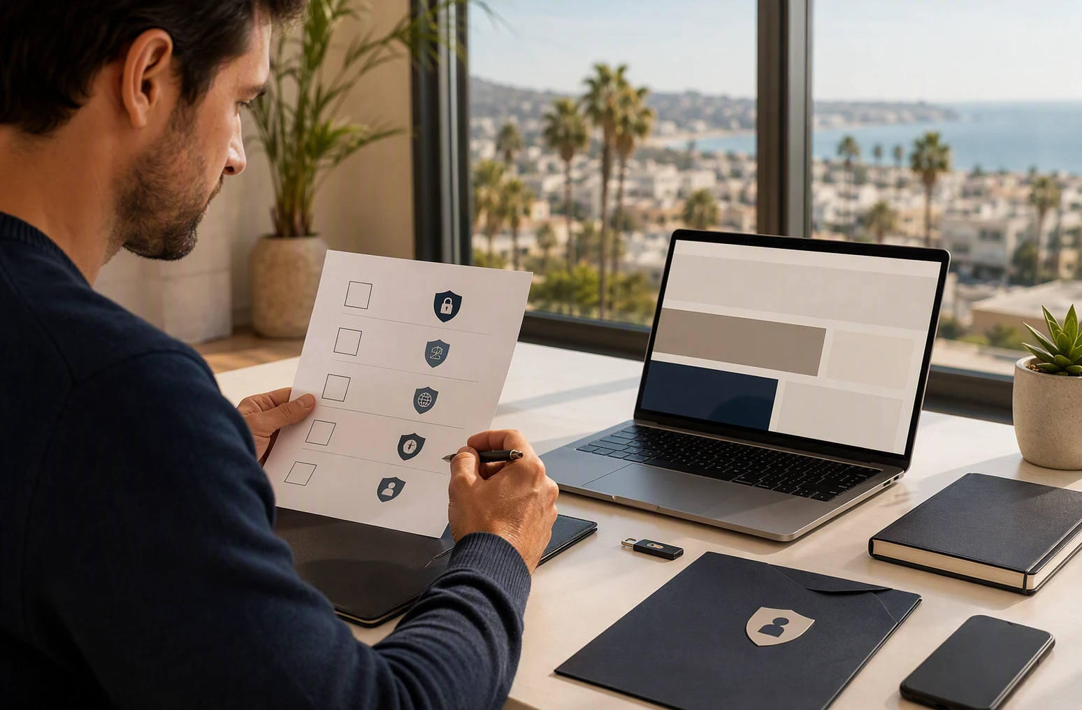 Web designer reviewing privacy compliance checklist beside hosted dashboard