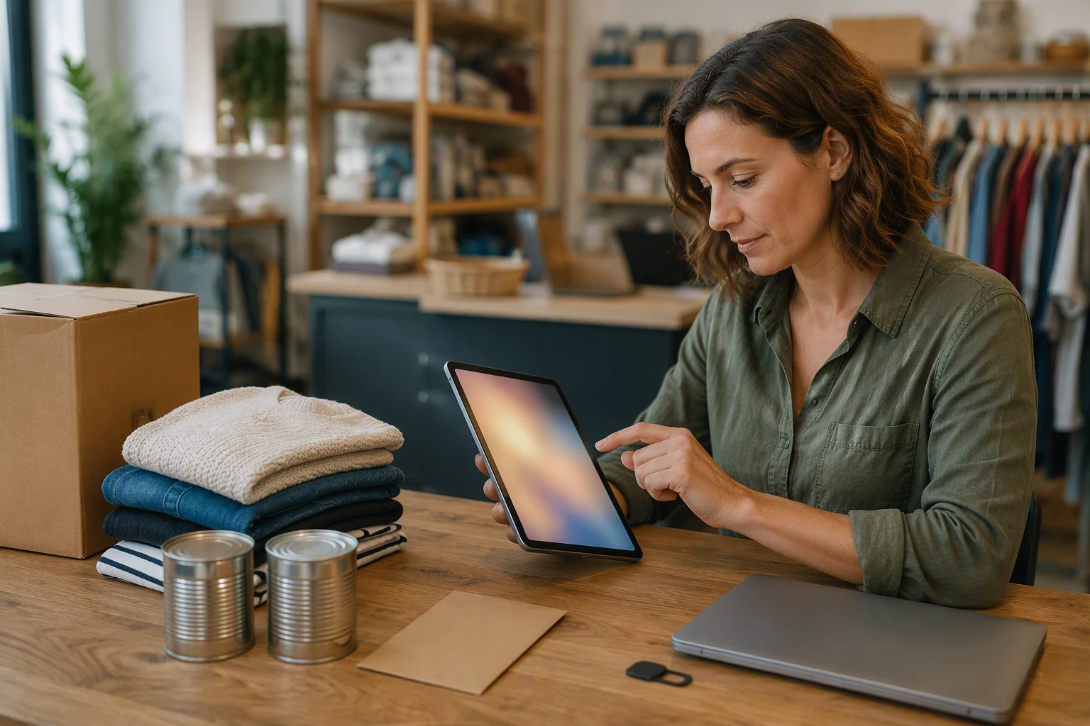 Small business owner reviewing cookie consent options on tablet near donation materials