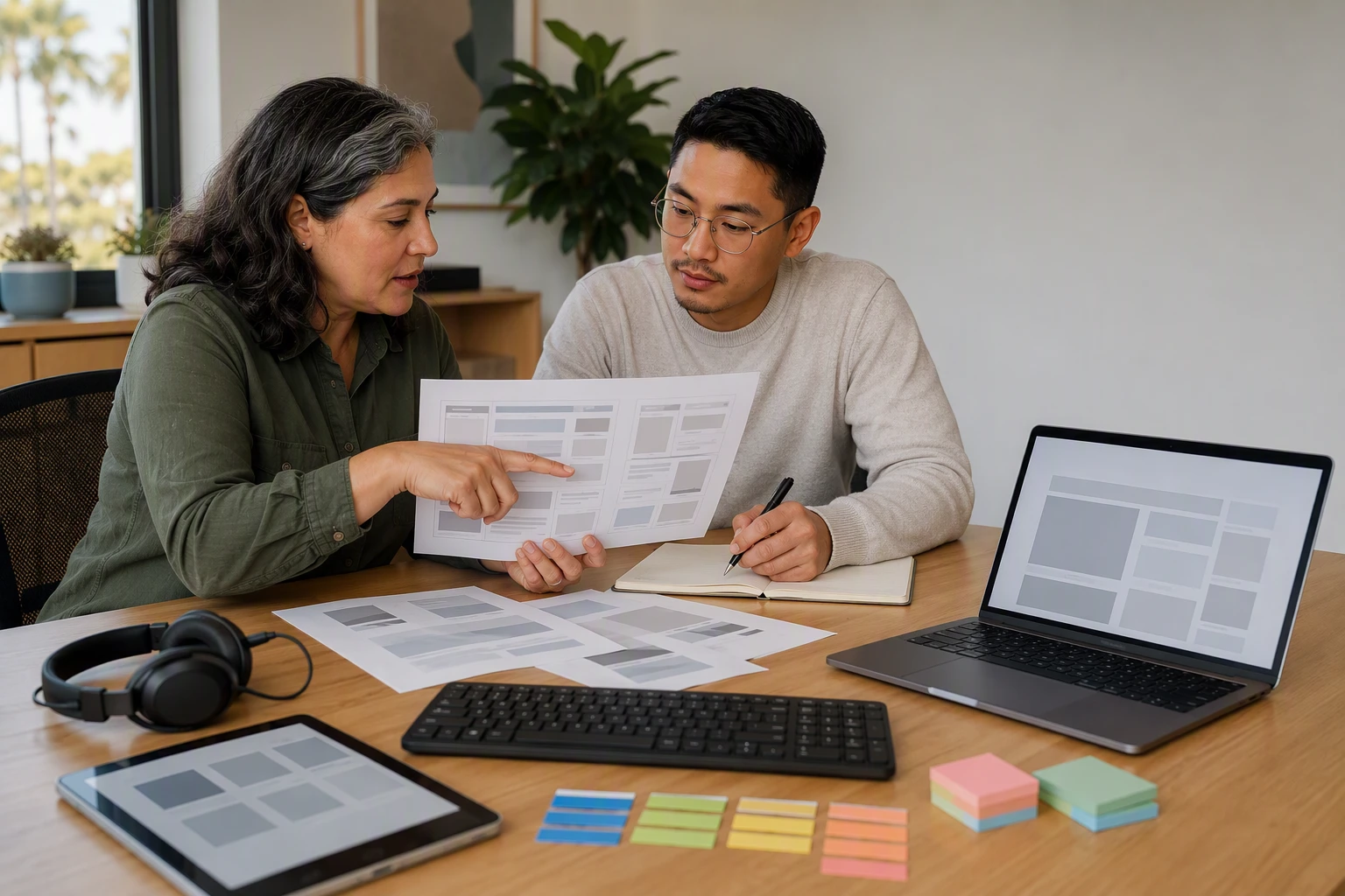 Accessible Web Design Services vs Accessibility Audits Nonprofit director reviewing accessibility audit documents with a web designer
