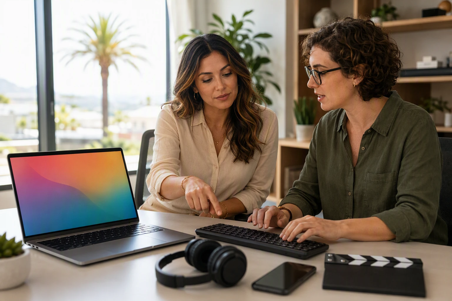 Small business owner reviewing accessibility test results with designer