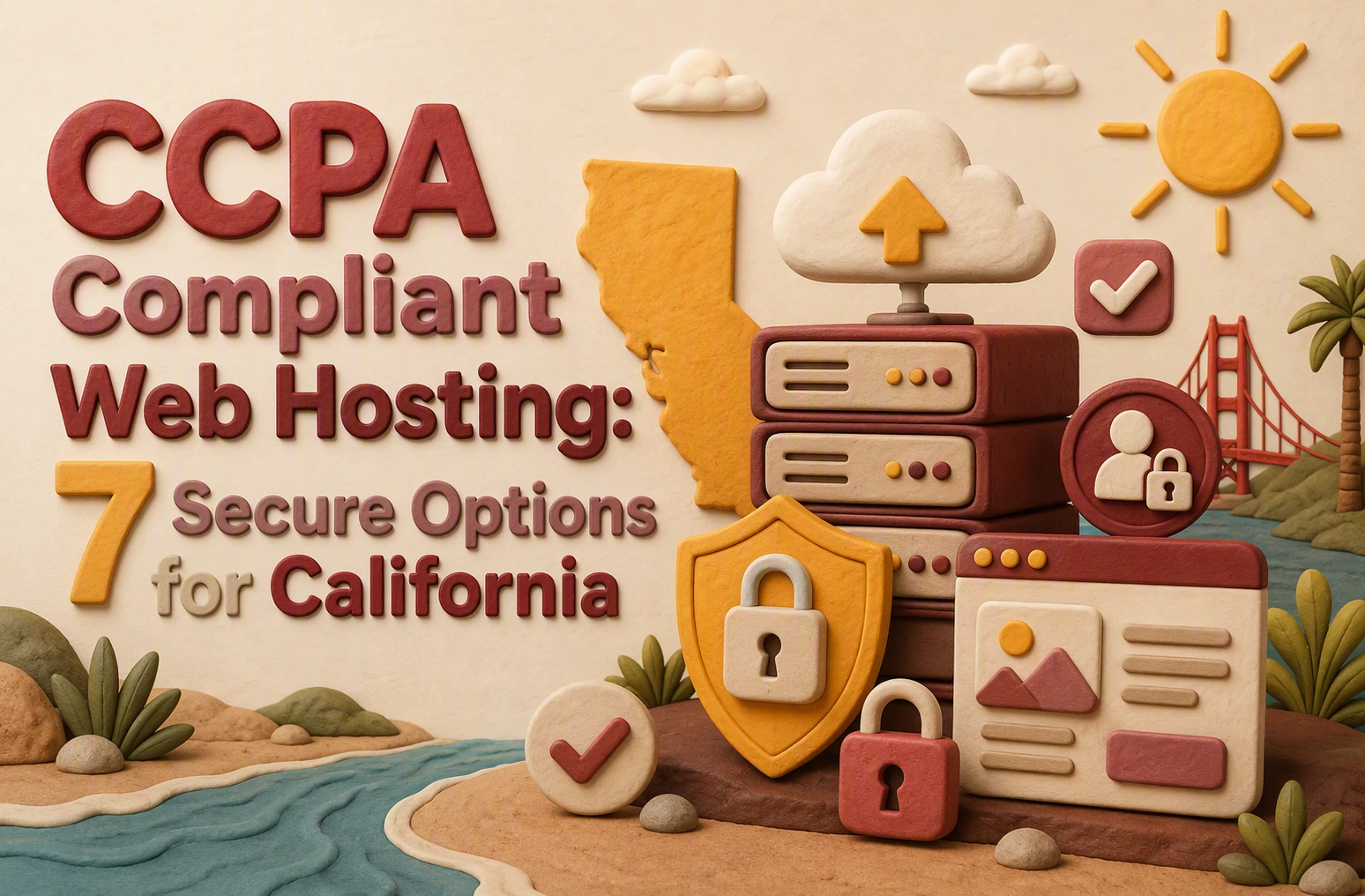 CCPA Compliant Web Hosting: 7 Secure Options for California Clay illustration showcasing CCPA compliant web hosting options in California, featuring a map of the state, cloud upload icons, server stacks, locks, shield symbols, and the Golden Gate Bridge in the background. The text highlights secure web hosting tailored to California’s privacy standards.