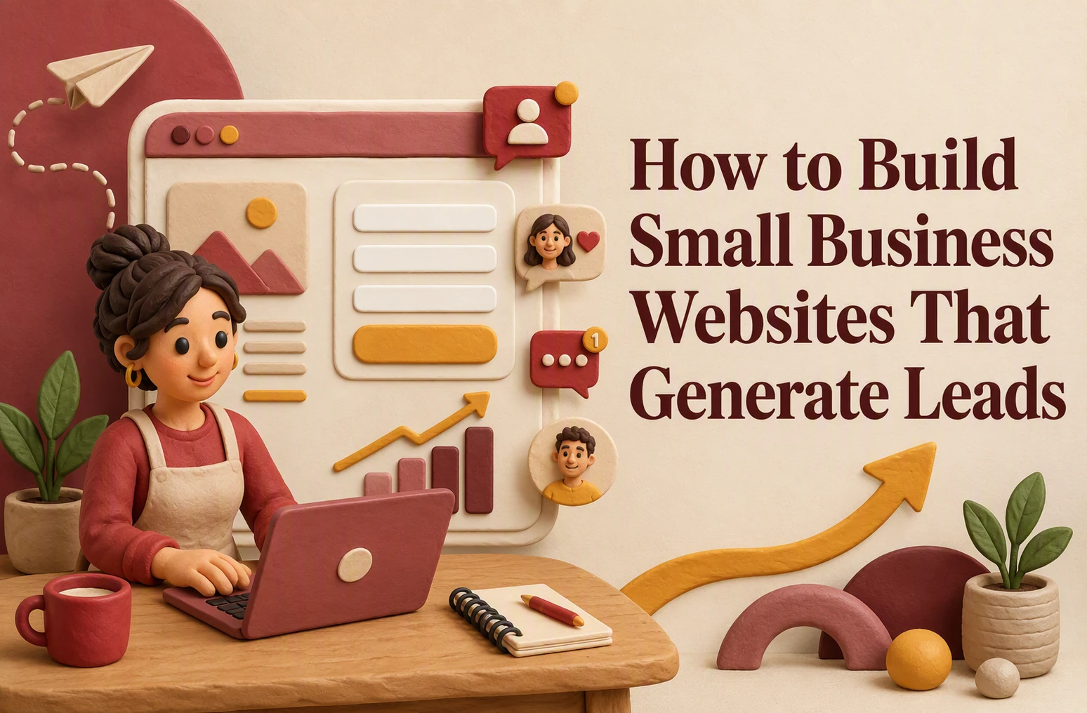 How to Build Small Business Websites That Generate Leads Claymation woman at laptop with website dashboard behind her, surrounded by business icons. Text reads: “How to Build Small Business Websites That Generate Leads.” This scene highlights creative ways to build websites that help small businesses generate leads.