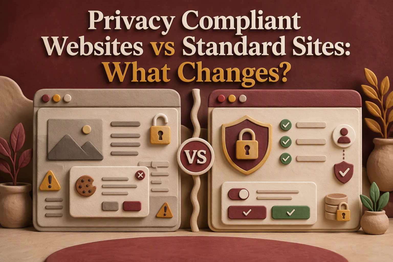 Two illustrated website designs compare privacy compliant websites and standard sites, with icons for cookies, locks, and checkmarks under the heading “Privacy Compliant Websites vs Standard Sites: What Changes?”—offering a clear visual summary of how privacy compliance impacts web features.