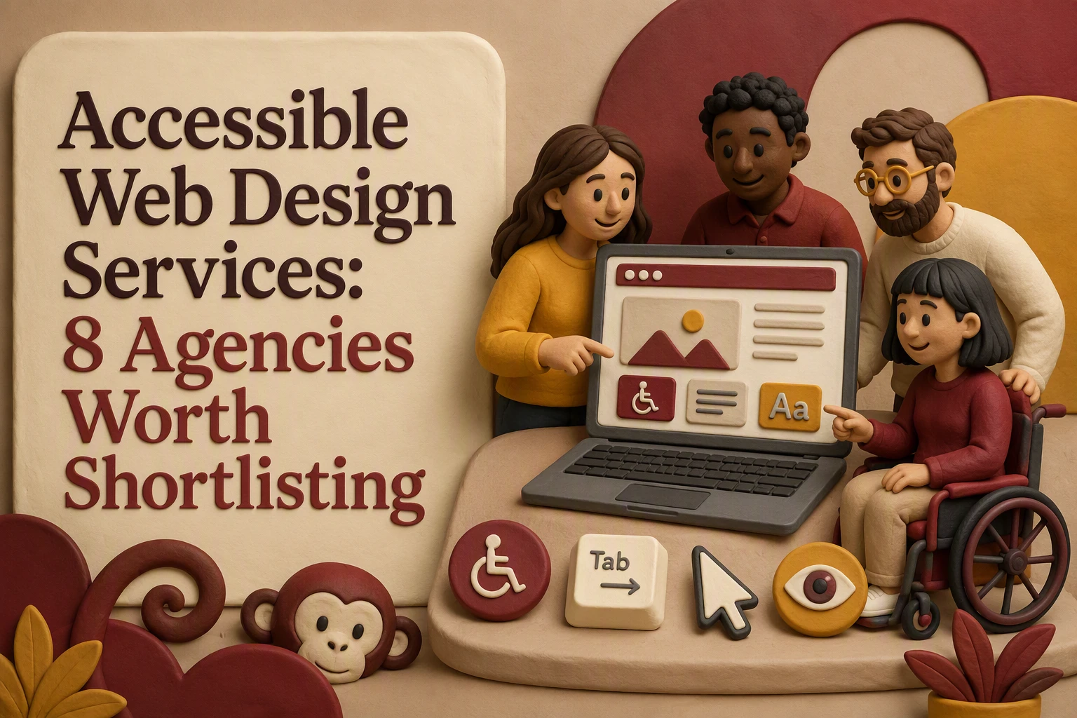 Accessible Web Design Services: 8 Agencies Worth Shortlisting Four people, including one in a wheelchair, look at an accessible web design on a laptop. The text reads, “Accessible Web Design Services: 8 Accessible Web Design Agencies Worth Shortlisting.”.