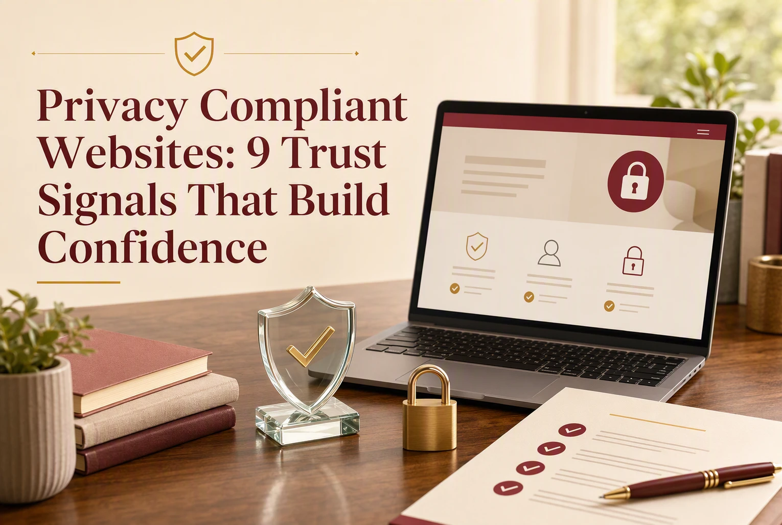 Privacy Compliant Websites: 9 Trust Signals That Build Confidence A laptop displaying security icons sits on a desk with a glass shield, padlock, folders, and papers. Text reads, “Privacy Compliant Websites: 9 Trust Signals That Build Confidence,” emphasizing the importance of trust signals to build confidence in online interactions.