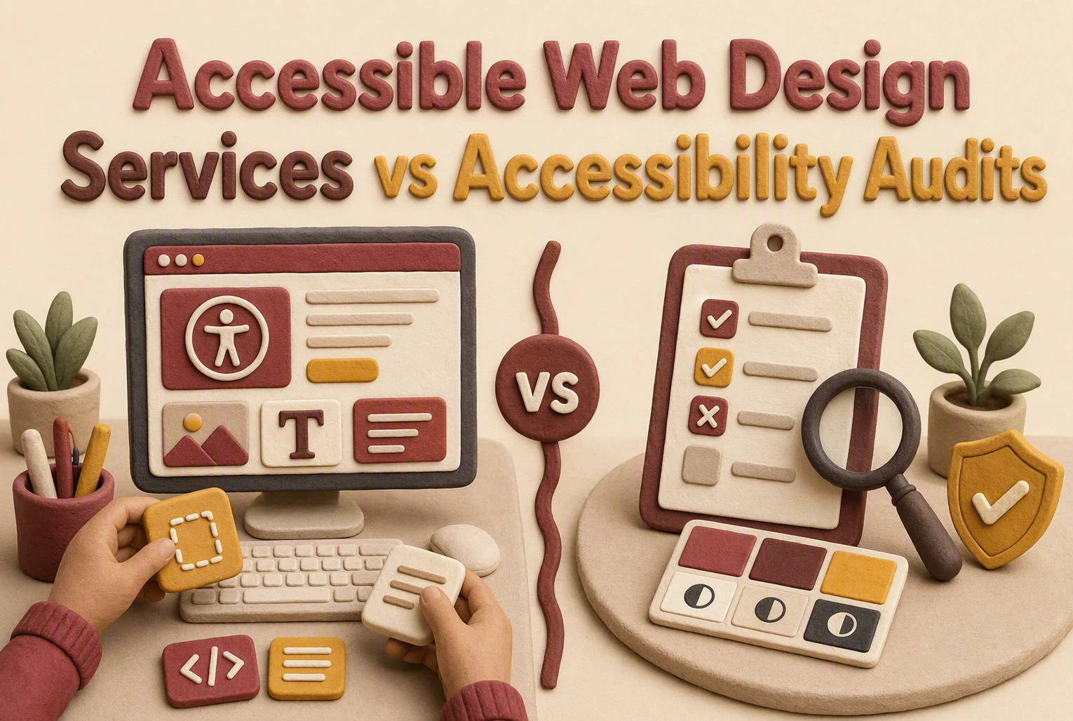 Clay-style illustration comparing Accessible Web Design Services on a computer screen versus Accessibility Audits represented by a checklist and magnifying glass. Text reads: “Services vs Accessibility Audits.”.