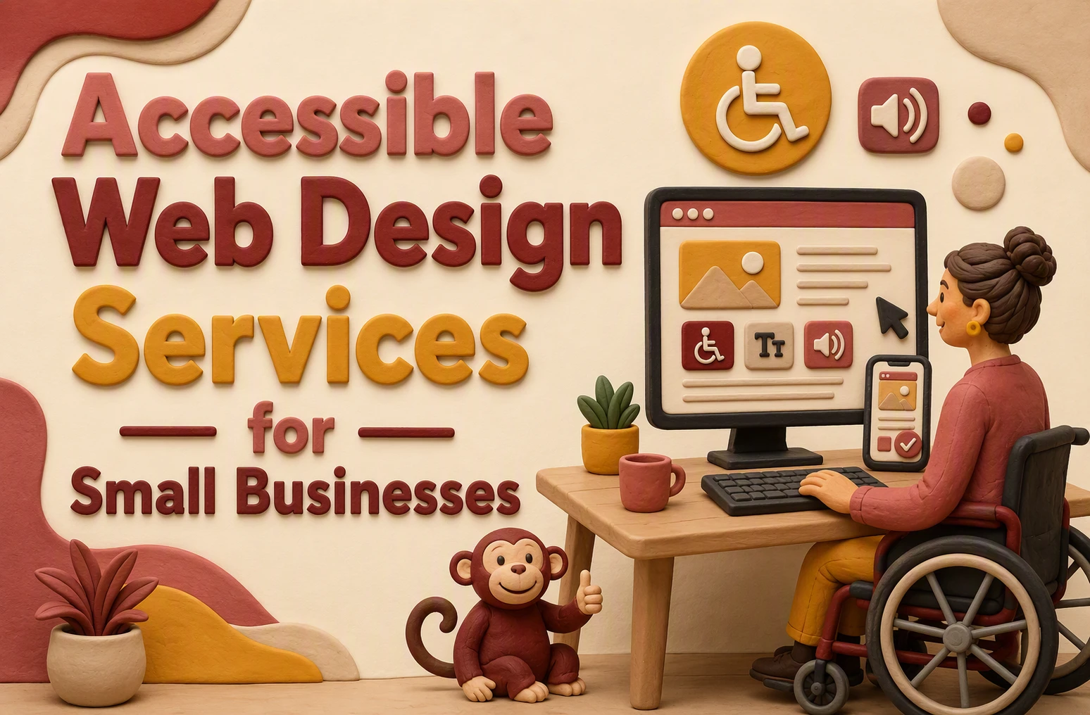 A woman using a wheelchair works at a desk with a computer and phone. Text reads: “Accessible Web Design Services for Small Businesses.” Accessibility icons and a clay monkey are present, highlighting our commitment to accessible web design tailored specifically for small businesses.