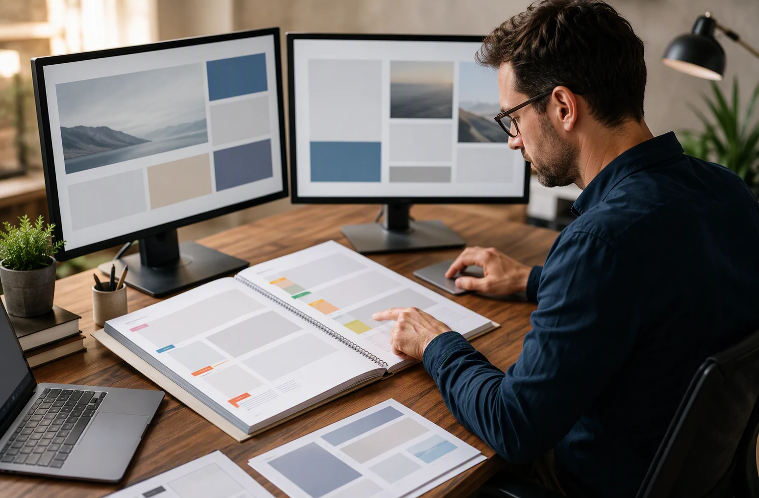 Developer reviewing accessibility report beside browser mockups