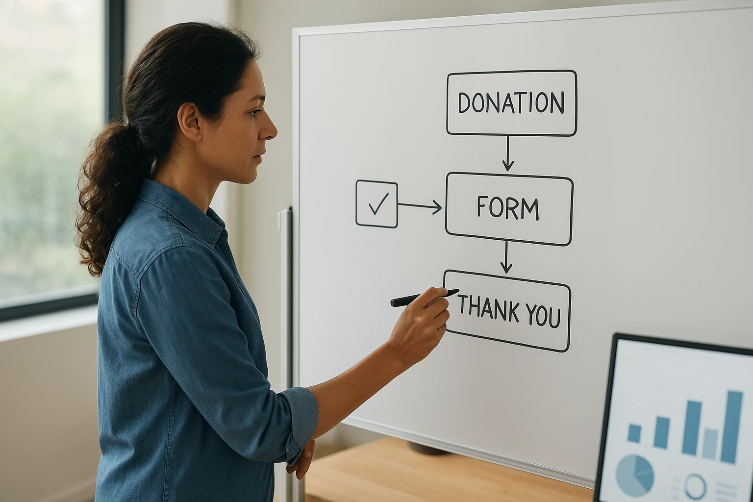 California nonprofit director mapping donation journey on whiteboard