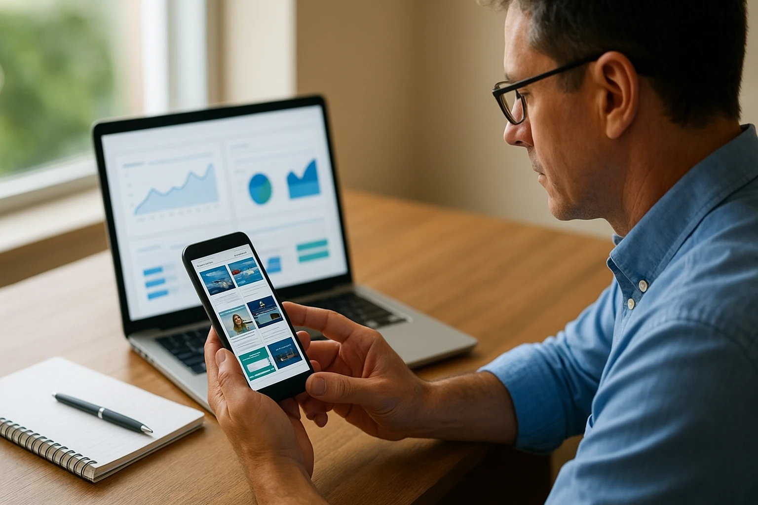 Business owner comparing agency sites on phone