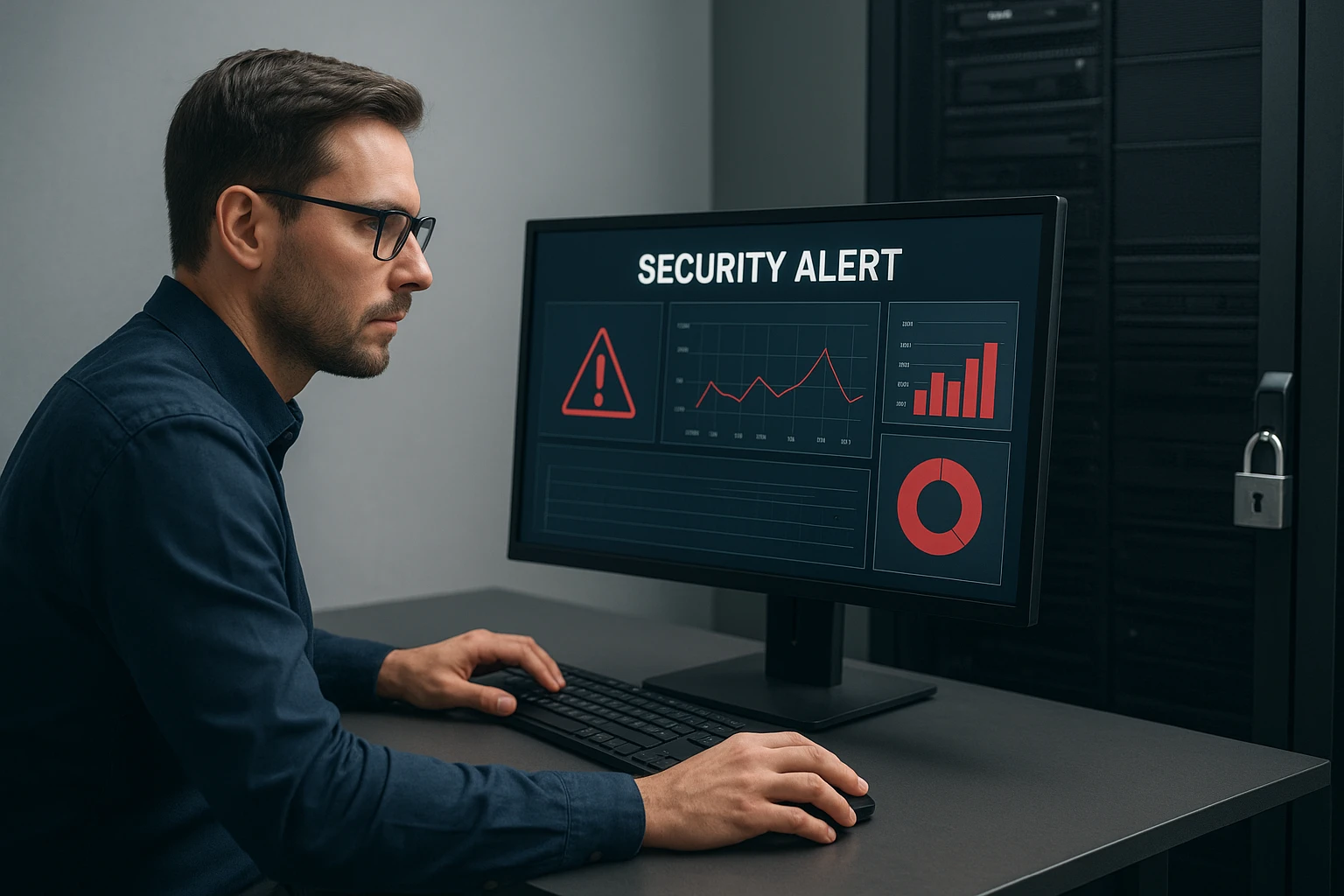 Security analyst reviewing alerts beside server rack