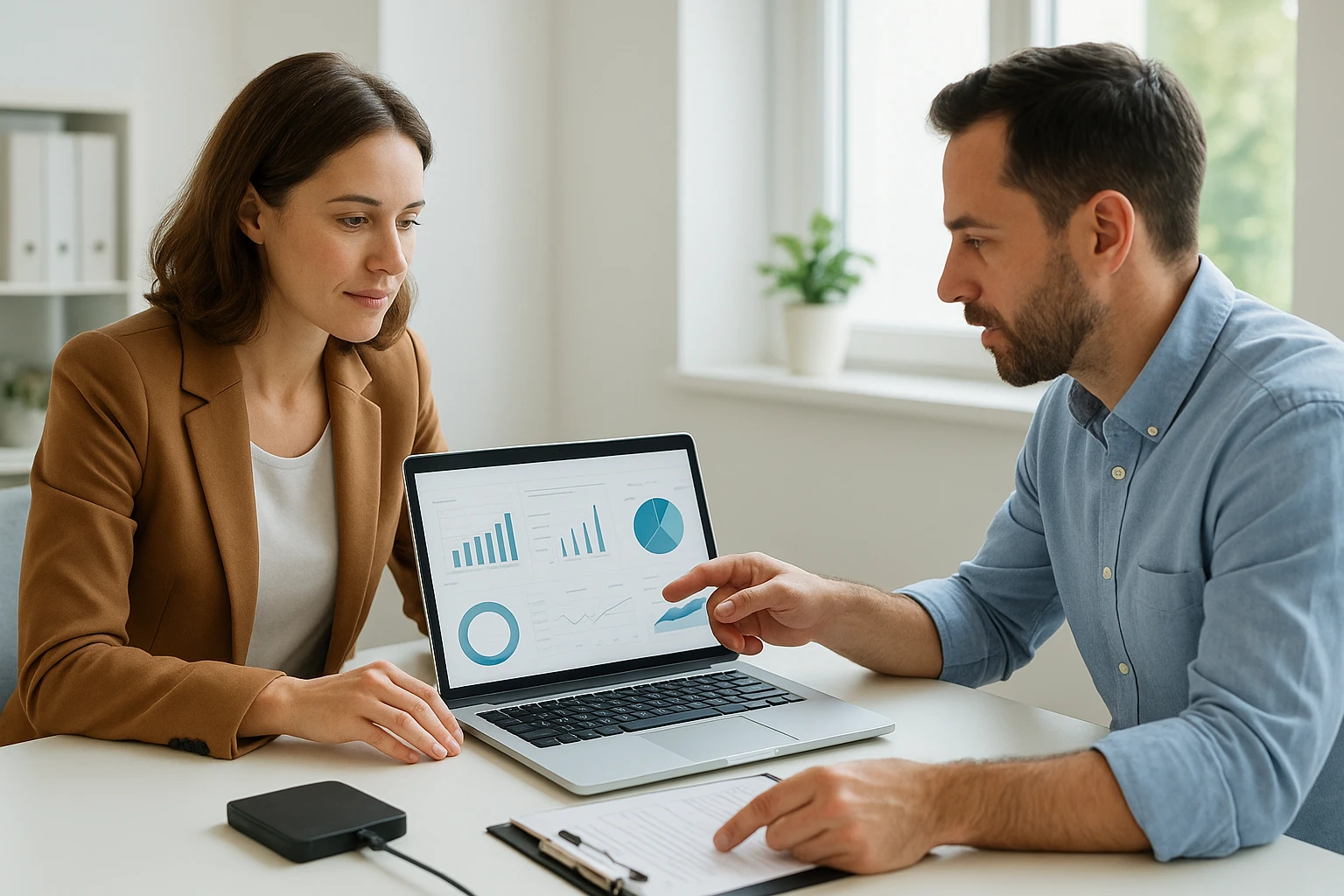 Small business owner reviewing restored website with technician