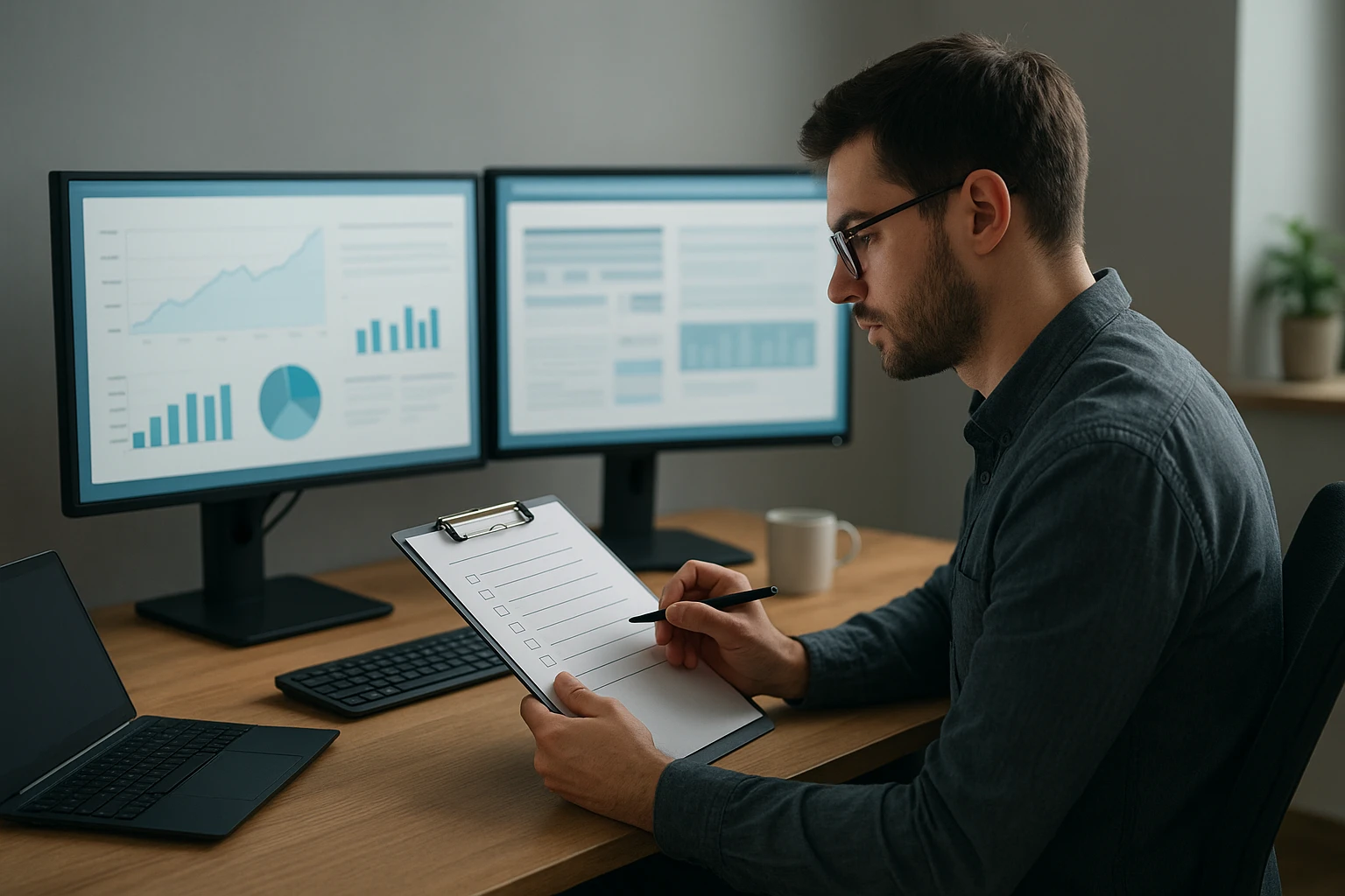 Developer reviewing WordPress update checklist on dual monitors