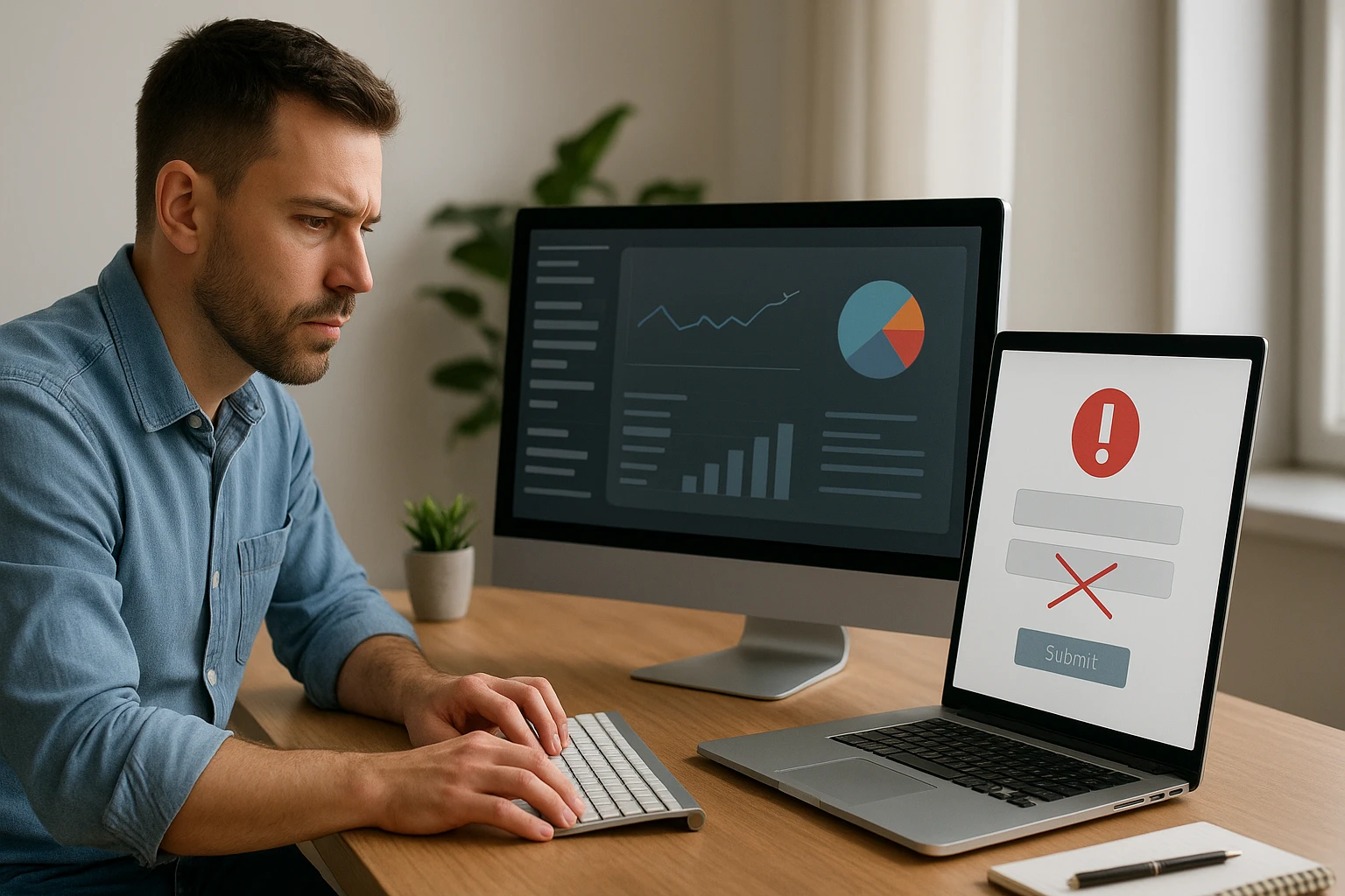 Small business owner frowning at broken contact form beside hosting dashboard