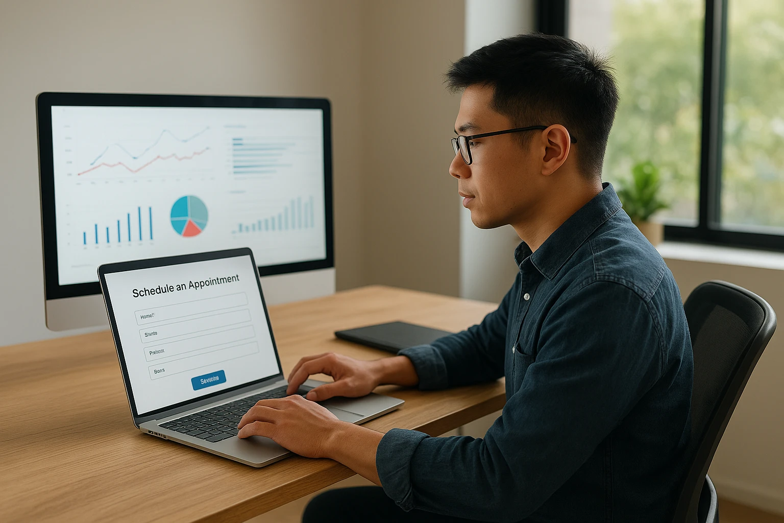 Web specialist testing appointment form on laptop