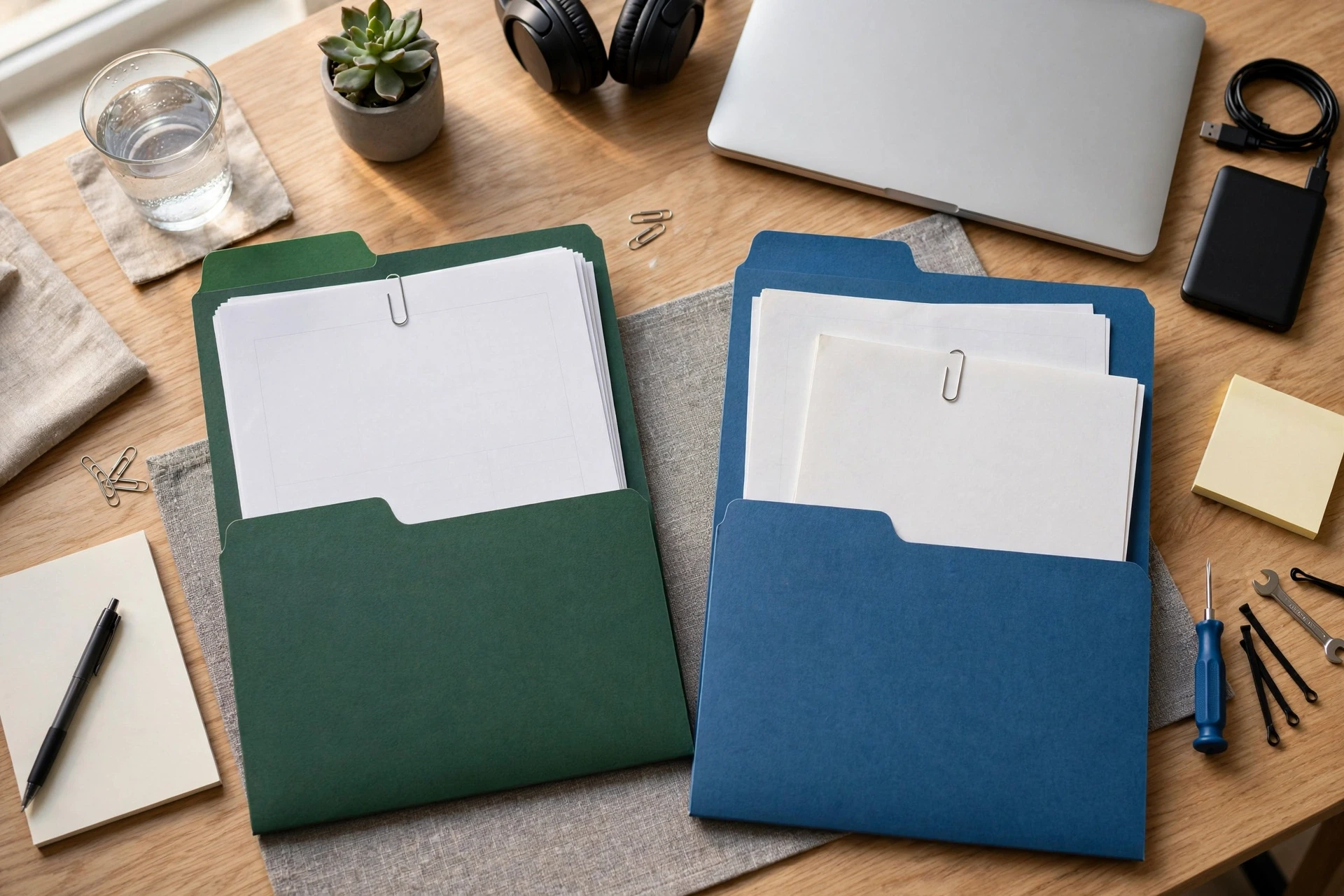 What Website Maintenance Services Should Include Two labeled folders on a tidy desk