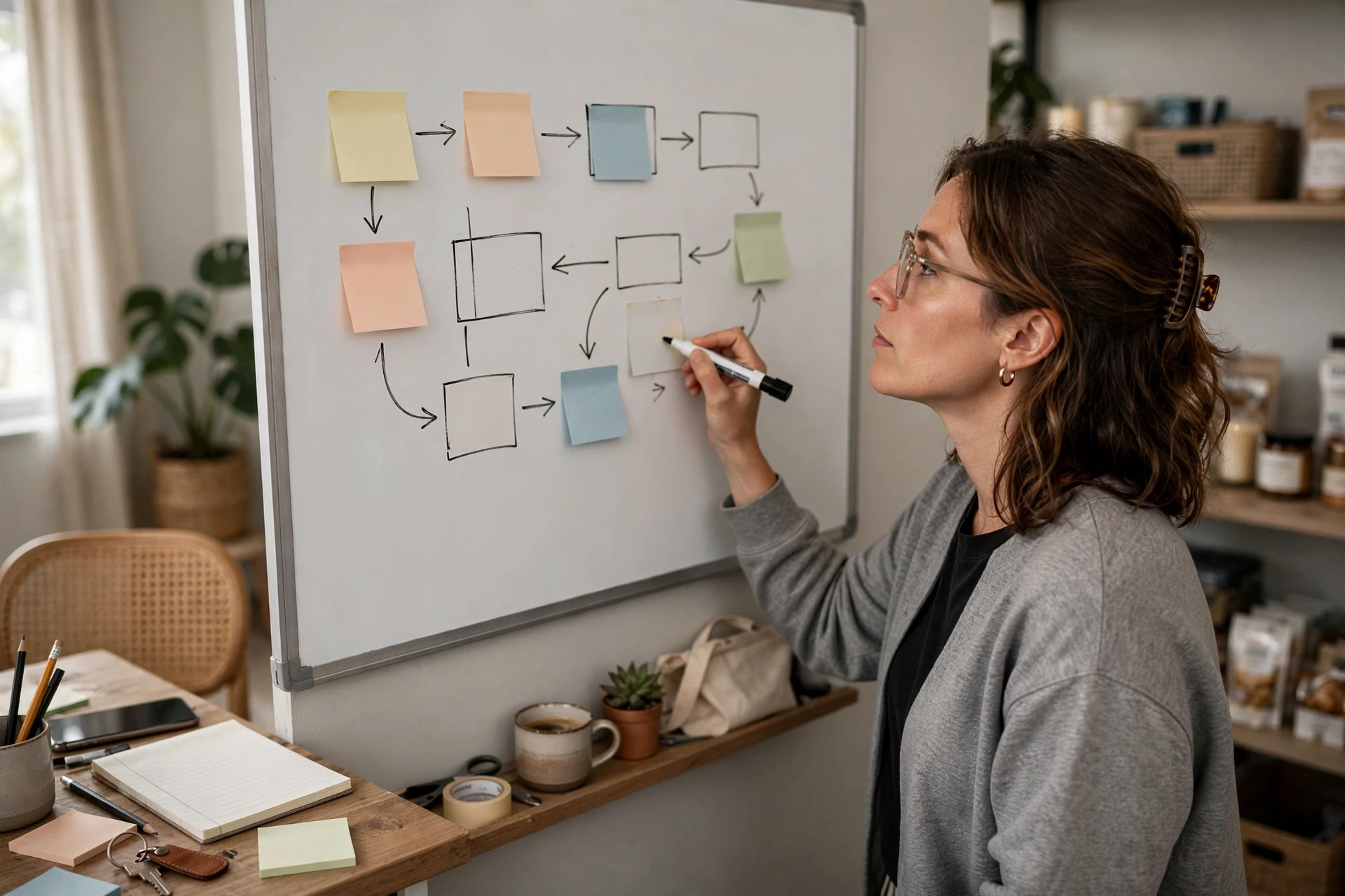Turnkey Website Solutions vs Custom Development Small business owner planning booking workflow on whiteboard