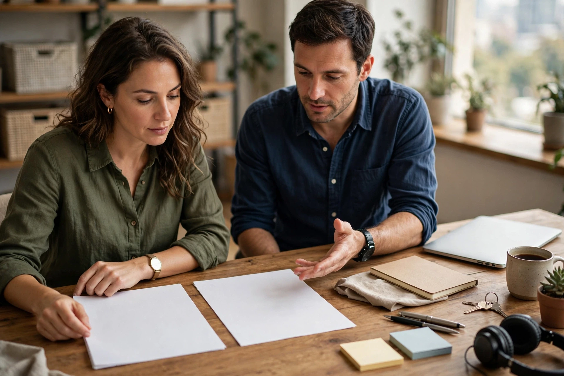 Two business owners comparing website service quotes