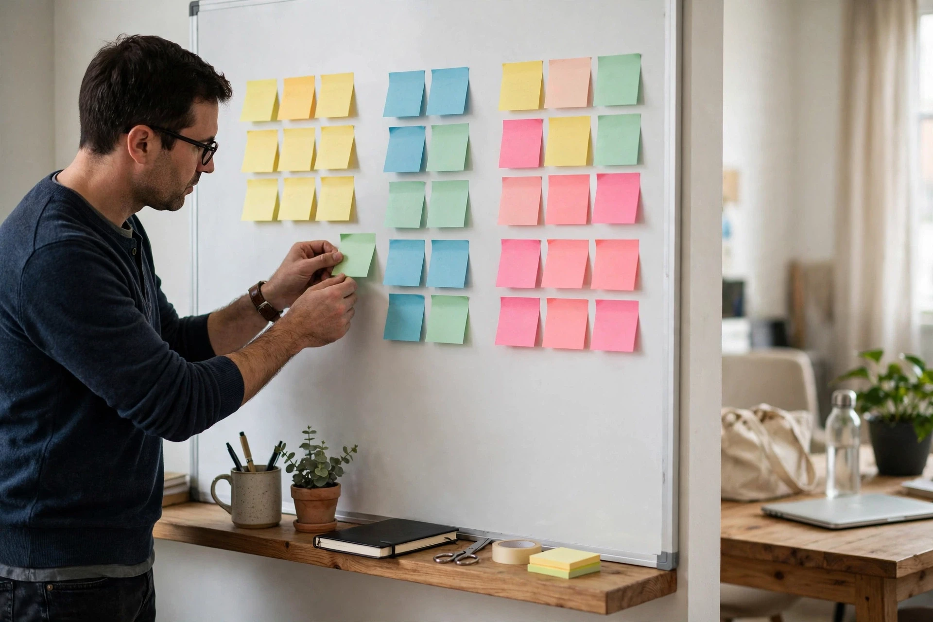 Business owner mapping visitor tasks on whiteboard