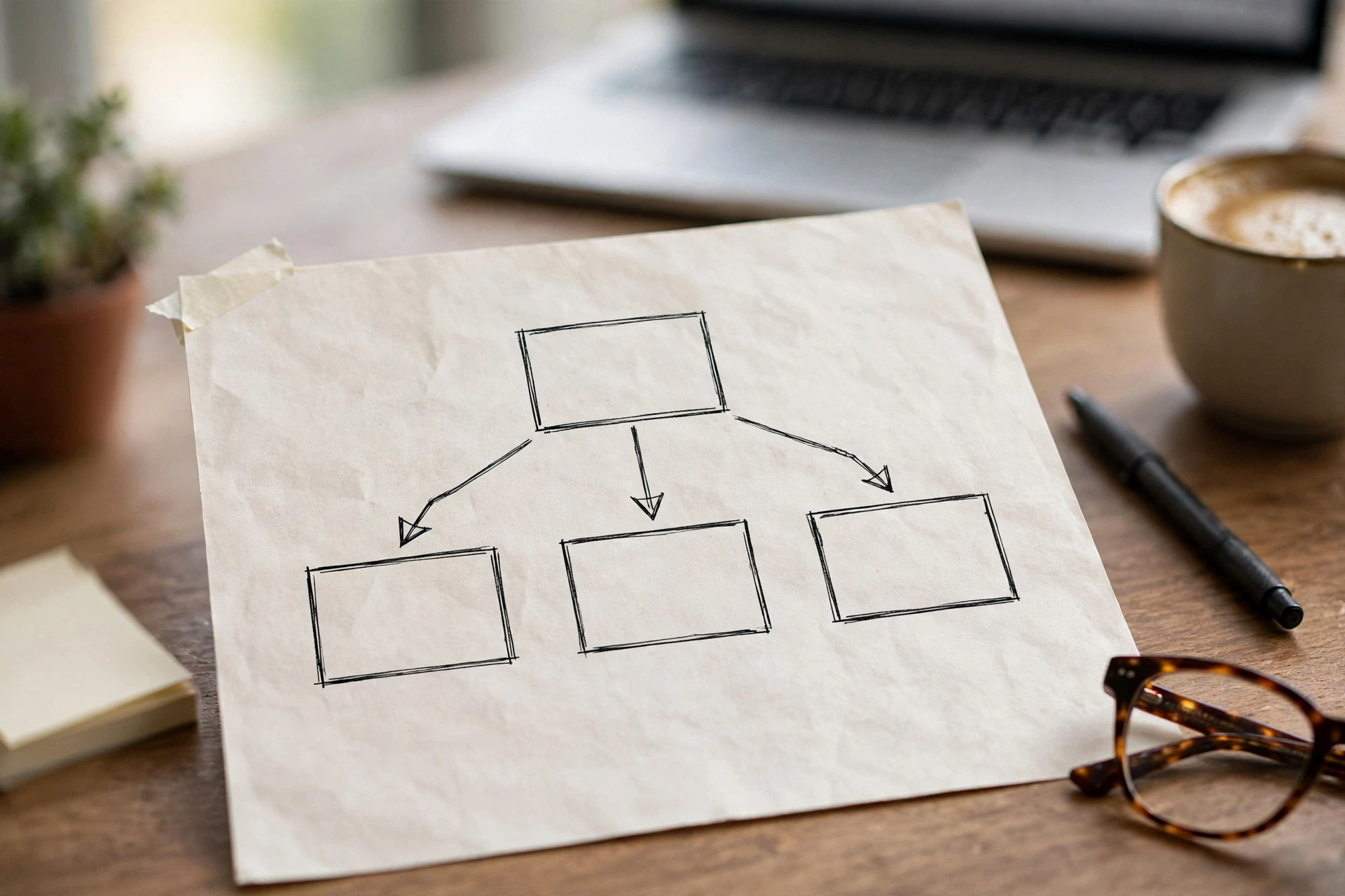 A hand-drawn sitemap flowchart on paper