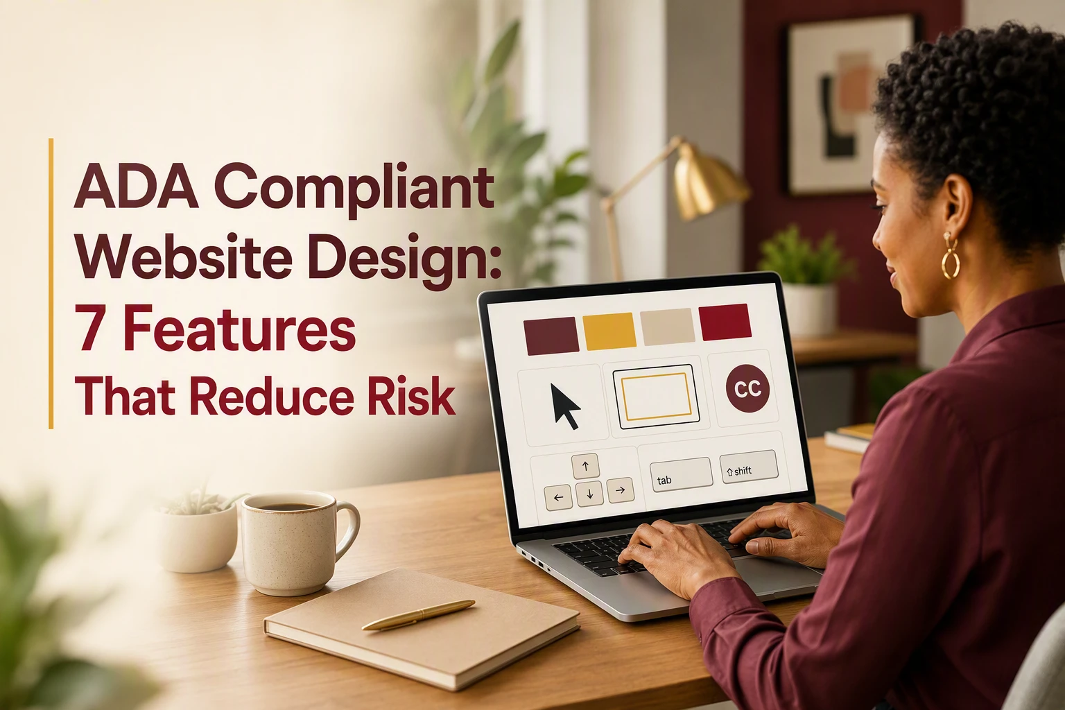 ADA Compliant Website Design: 7 Features That Reduce Risk A woman at a desk works on a laptop displaying website accessibility options, with text highlighting ADA compliant website design and risk reduction features to ensure full ADA compliance.