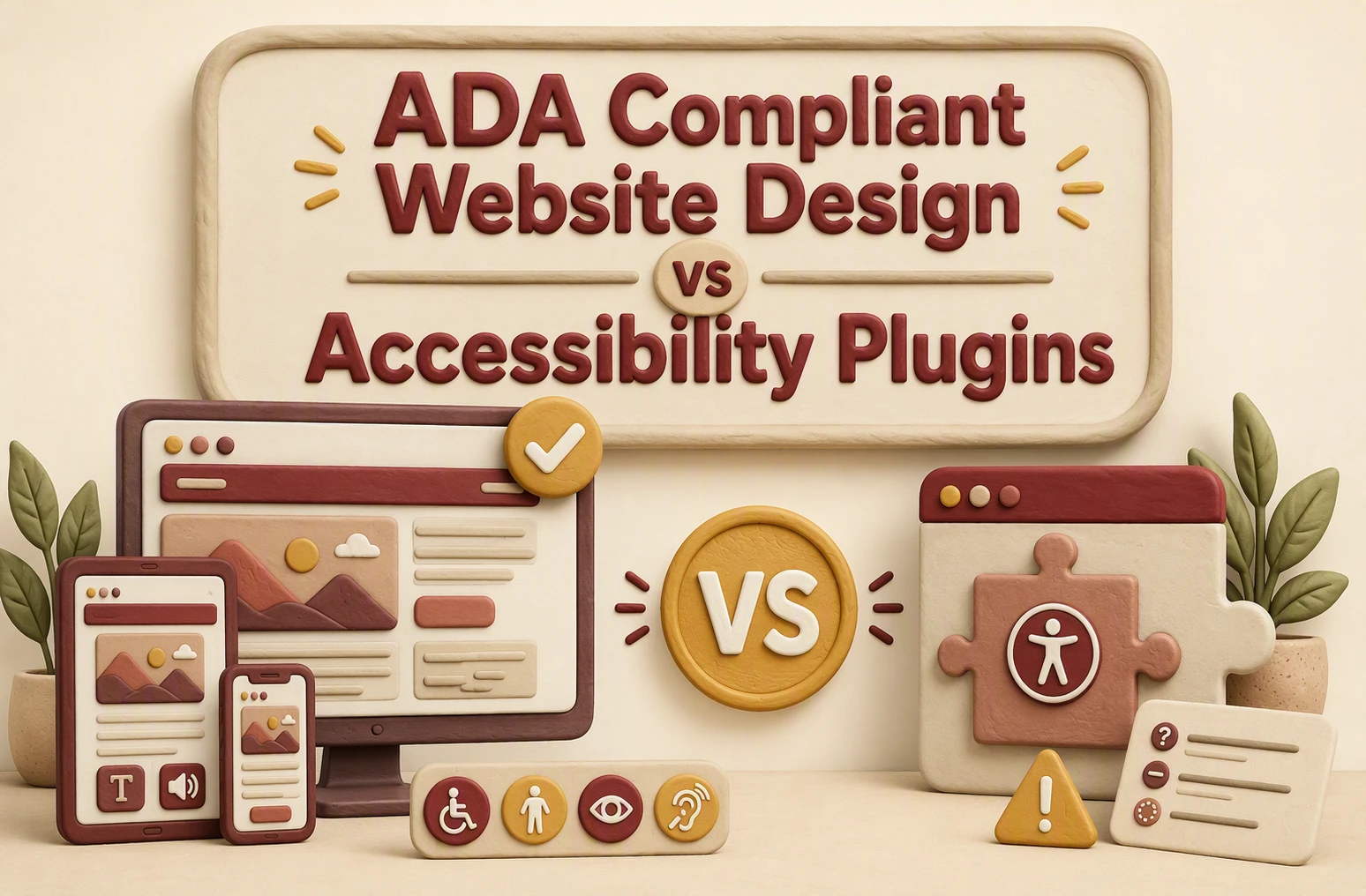 A sign reads “ADA Compliant Website Design vs Accessibility Plugins” above icons of devices, accessibility symbols, a puzzle piece representing Accessibility Plugins, and a warning symbol highlighting the importance of true ADA Compliant Website Design.