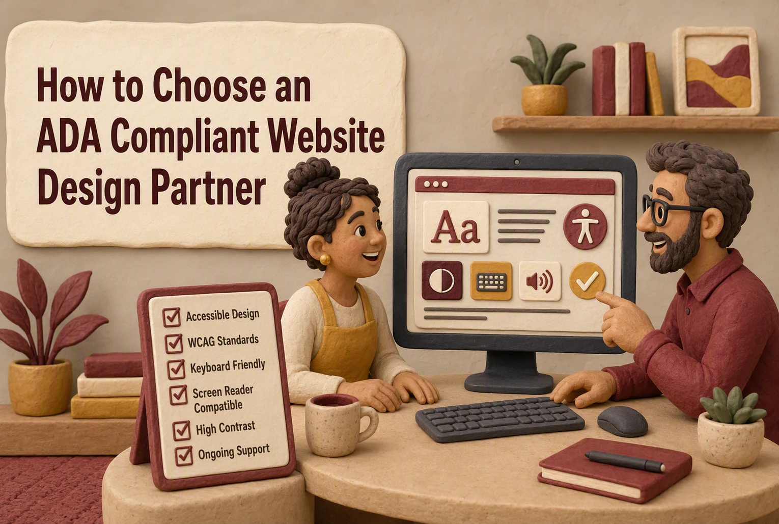 Two clay figures discuss ADA compliant website design at a desk with a checklist board and a computer screen showing accessibility icons and design elements, highlighting the importance of website accessibility for all users.