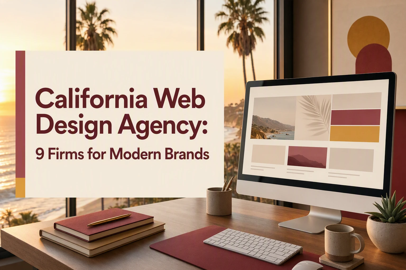 A computer on a desk displays a sleek web design layout, with a sign reading “California Web Design Agency: 9 Firms for Modern Brands” and a relaxing beach scene visible through the window—capturing the innovative spirit of California web design for today’s modern brands.