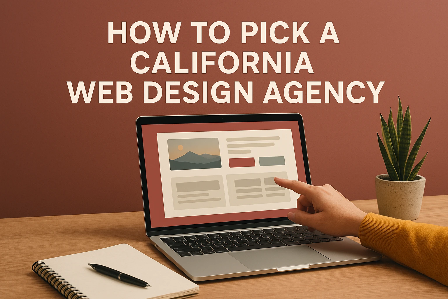 A person points at a laptop displaying a web design layout; a notepad, pen, and potted plant are on the desk. Text above reads, “How to Pick a California Web Design Agency,” guiding viewers on how to select the right web design California professionals for their needs.