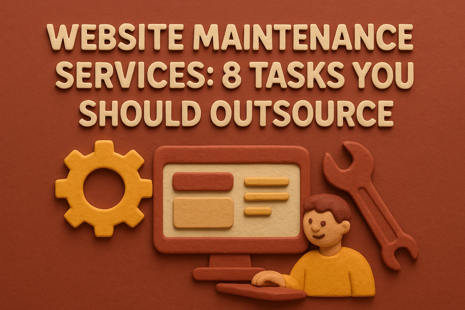 Text reads “Website Maintenance Services: 8 Tasks You Should Outsource” above icons of a gear, computer monitor, wrench, and a person at a desk—perfect for highlighting essential website maintenance tasks you can easily outsource to professionals.