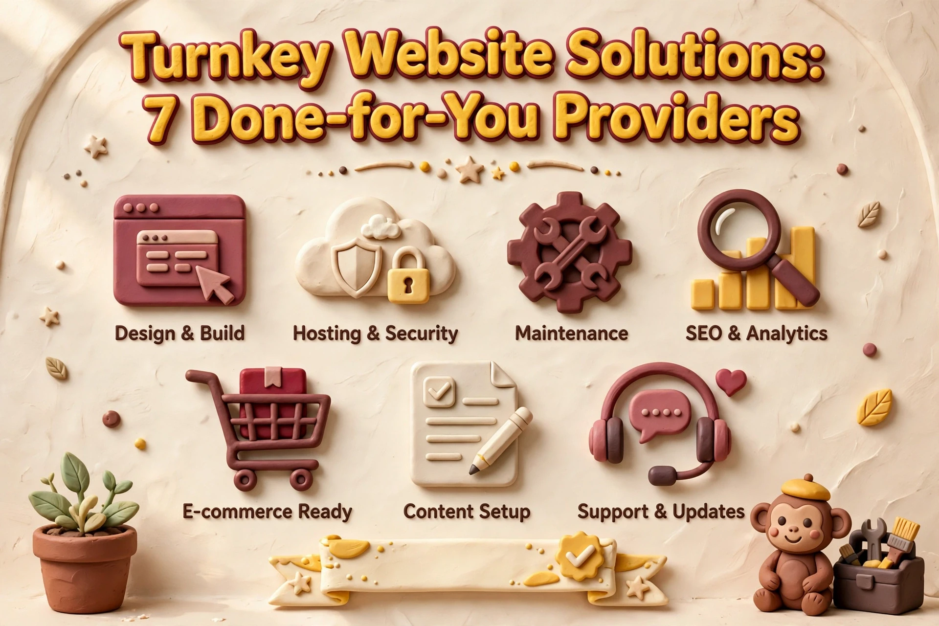 Turnkey Website Solutions: 7 Done-for-You Providers Infographic titled “Turnkey Website Solutions: 7 Done-for-You Website Providers” with icons for design, hosting, maintenance, SEO, e-commerce, content setup, and support.