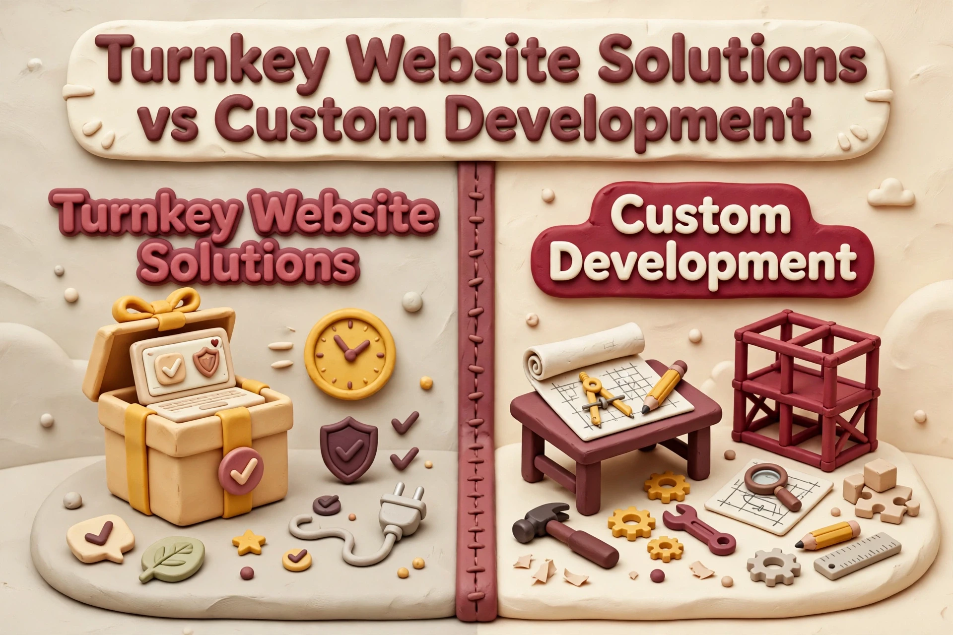 Turnkey Website Solutions vs Custom Development Split screen comparing Turnkey Website Solutions with a package and icons, and Custom Development featuring blueprints, tools, and a framework.