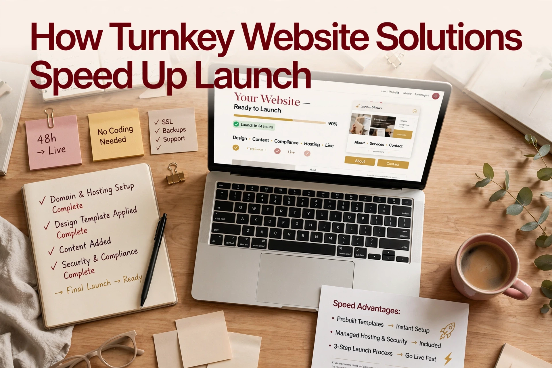 A laptop on a desk displays a website builder. Nearby are notes and papers listing website launch steps, benefits of turnkey web development, and reminders. Office supplies and a coffee cup are also present.