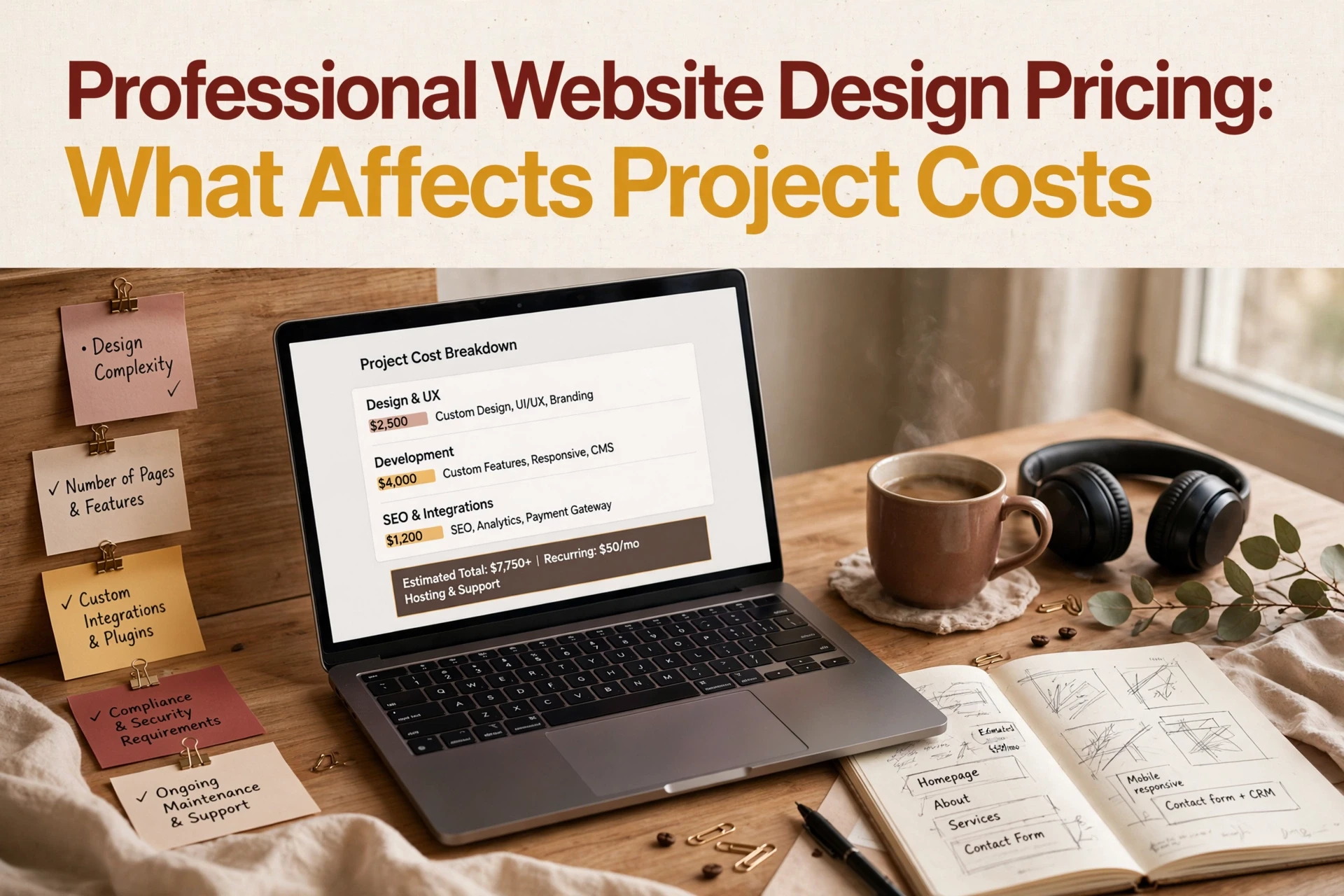 Professional Website Design Pricing: What Affects Project Costs A laptop on a desk displays a website design pricing chart, highlighting project costs for professional website design. Surrounding items include coffee, a notebook with sketches, sticky notes, and a pen.
