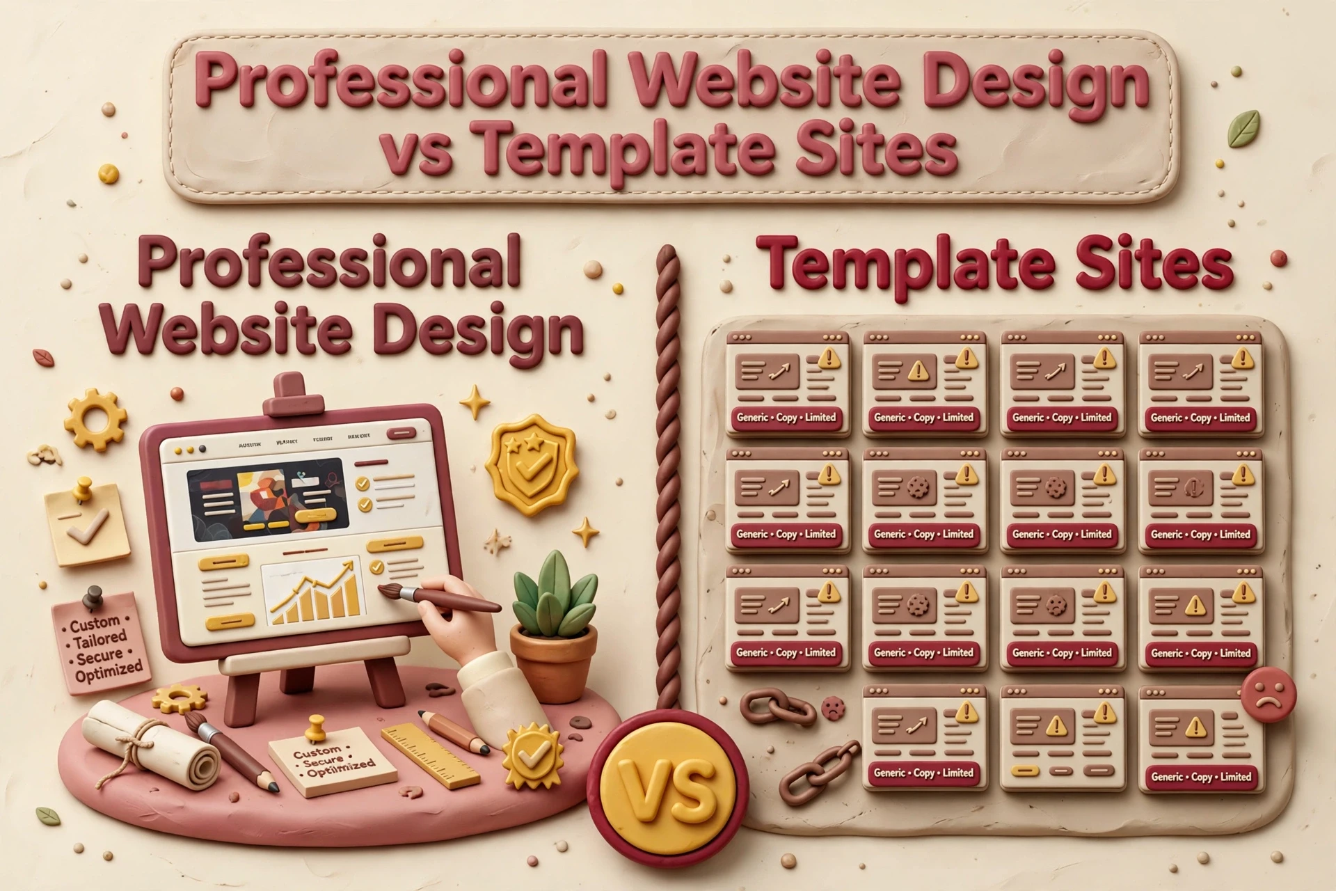 Professional Website Design vs Template Sites A split image comparing professional website design with template sites; custom elements on the left, multiple similar template sites on the right, separated by a “VS” symbol.