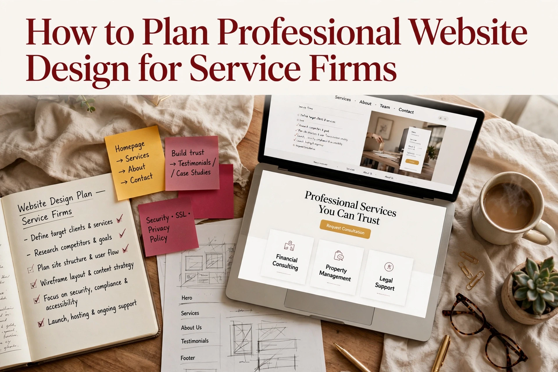 Laptop displaying a professional website design, surrounded by notes, sketches, and coffee—illustrating website planning for service firms.