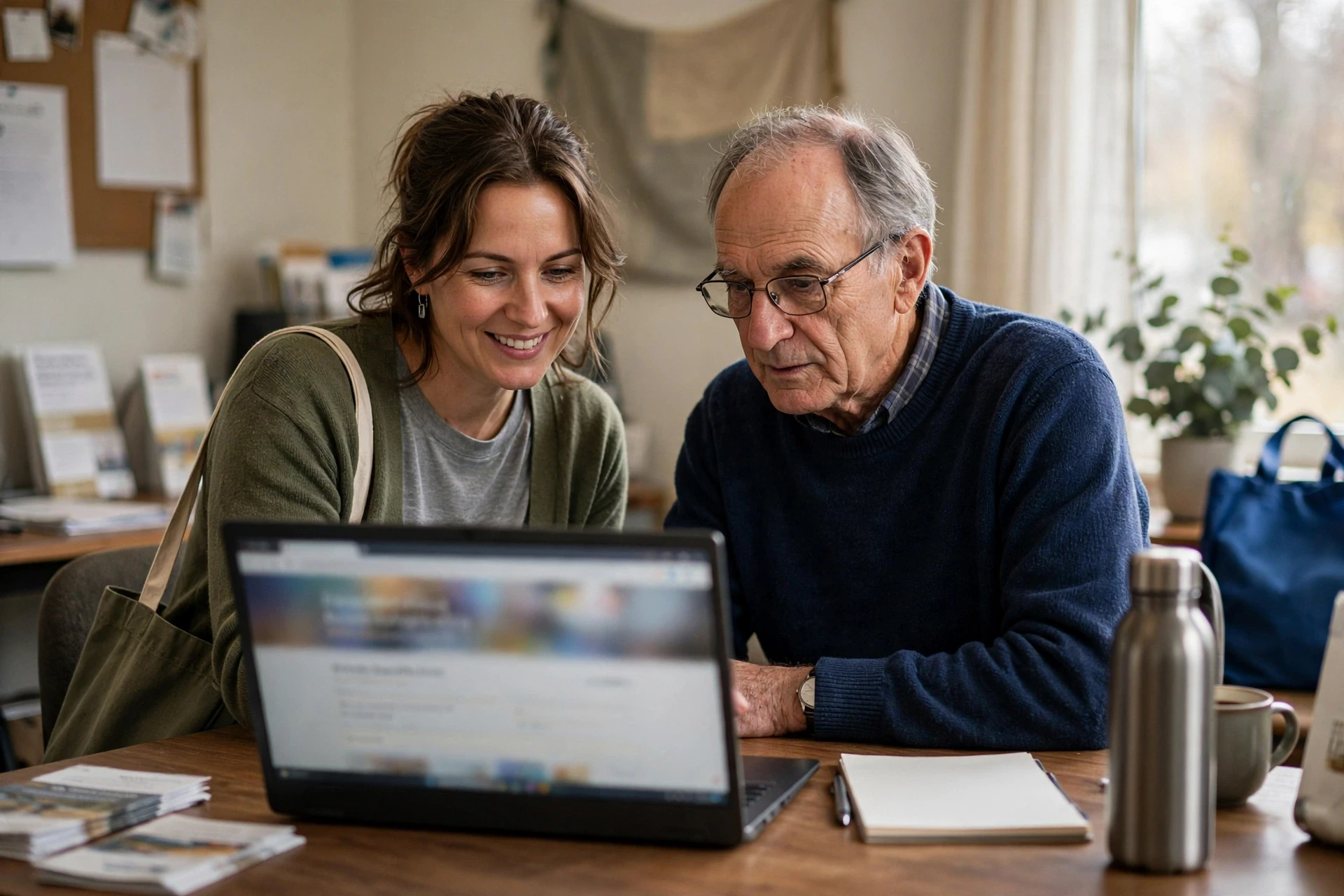 Volunteer assisting senior donor with online donation form