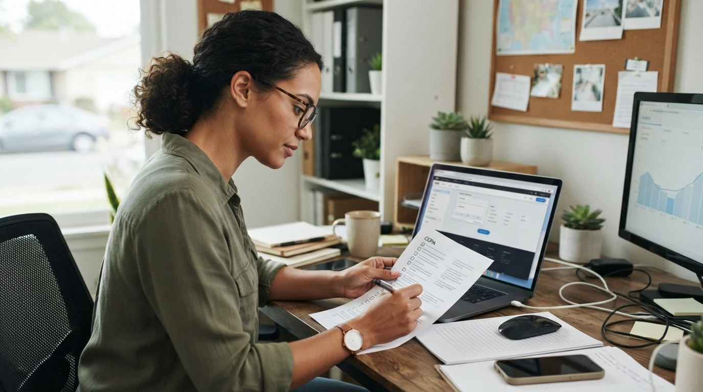 Small Business Websites vs DIY Builders Business owner reviewing compliance paperwork at desk