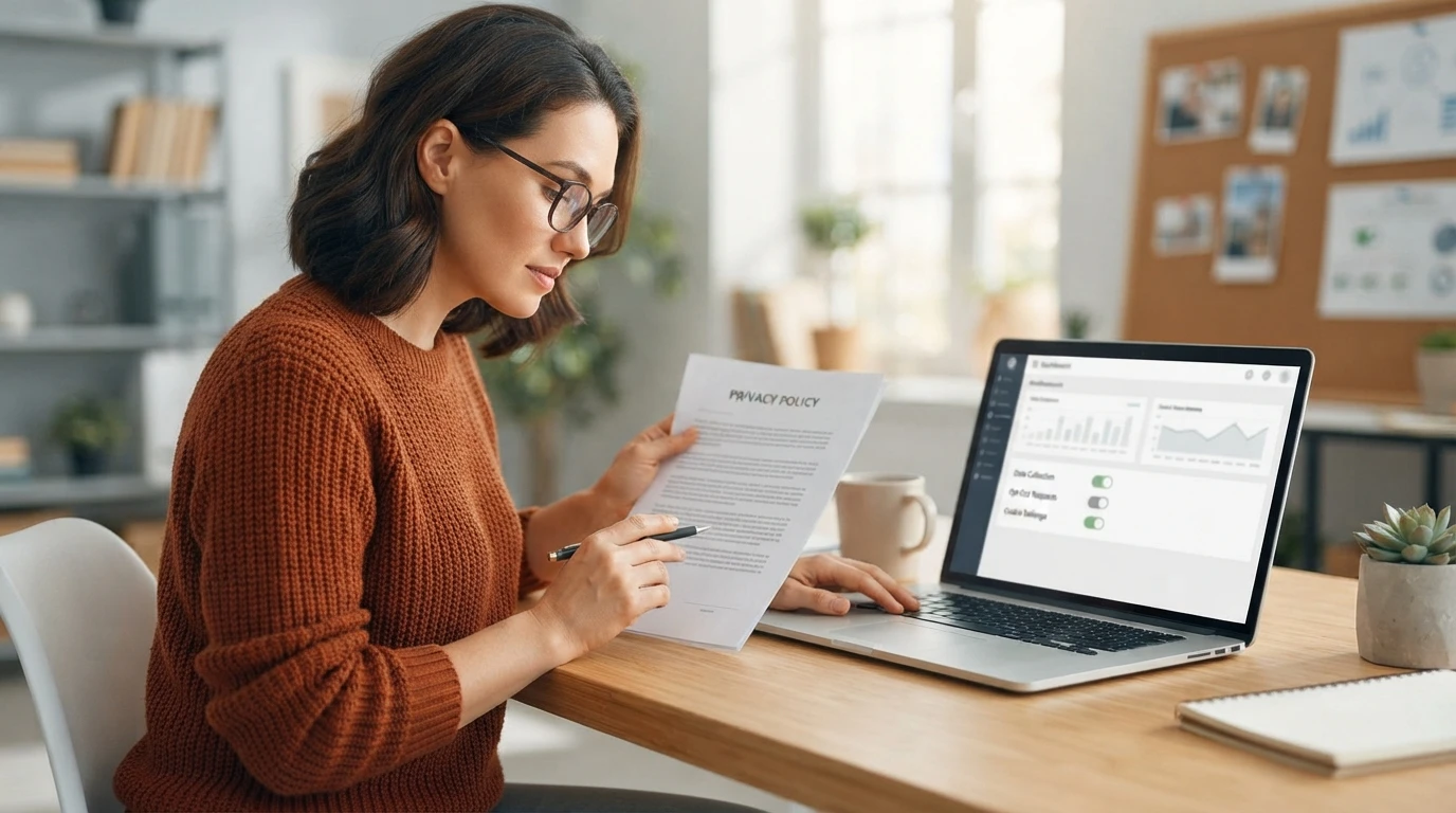 Small business owner reviewing privacy documents beside laptop