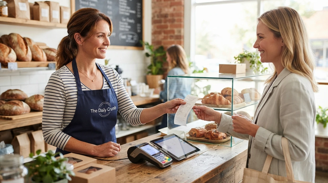 Bakery owner hands customer a printed receipt