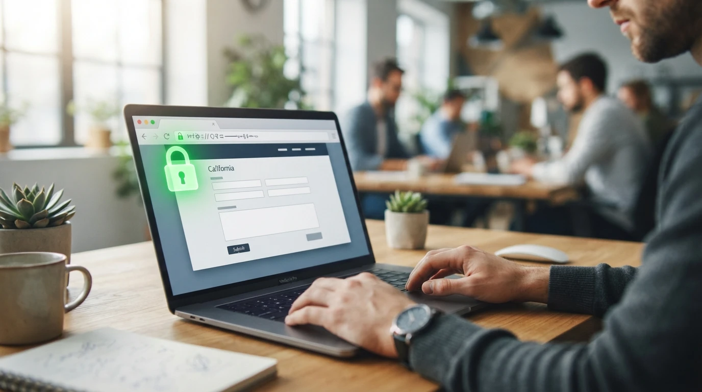 CCPA Hosting Features Every California Business Should Check Laptop screen showing a browser address bar with a padlock icon