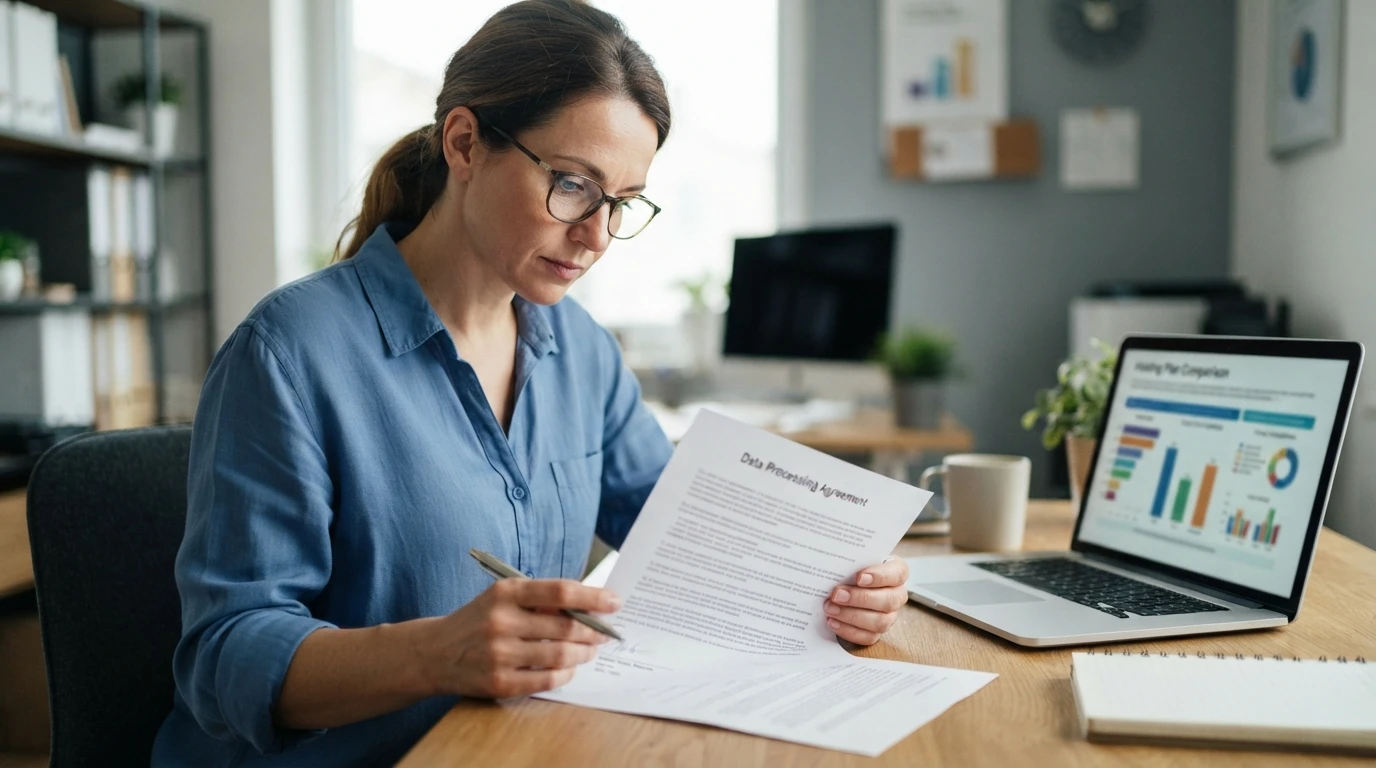 CCPA Hosting vs Standard Hosting: Privacy Compared Business owner comparing hosting agreement at desk