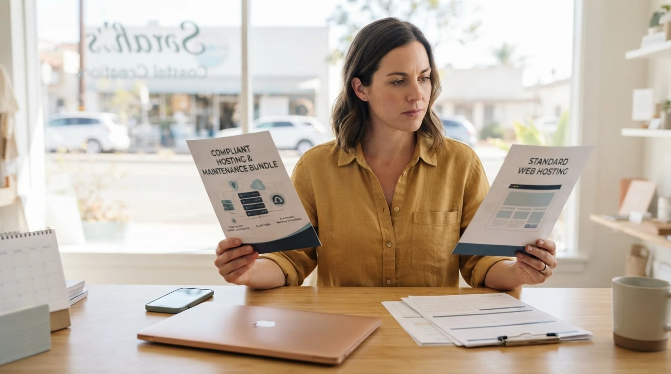 CCPA Hosting vs Standard Hosting: Privacy Compared Business owner comparing hosting brochures at desk