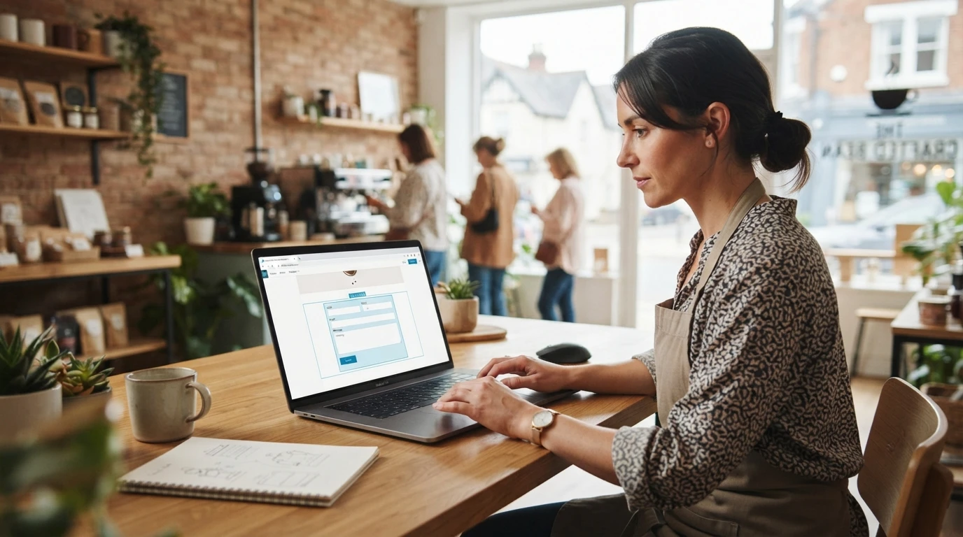 Small business owner editing a contact form on a laptop
