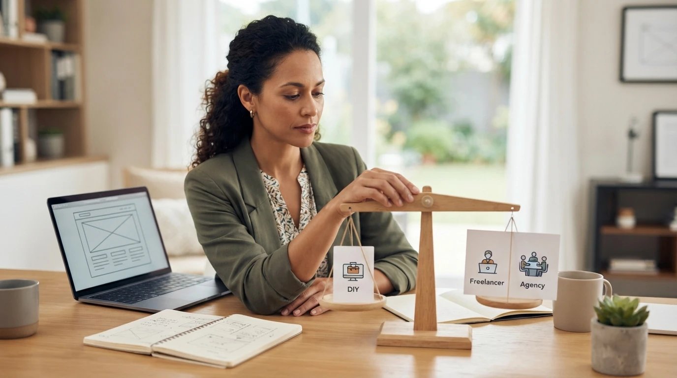 Business owner comparing three choice cards at a desk