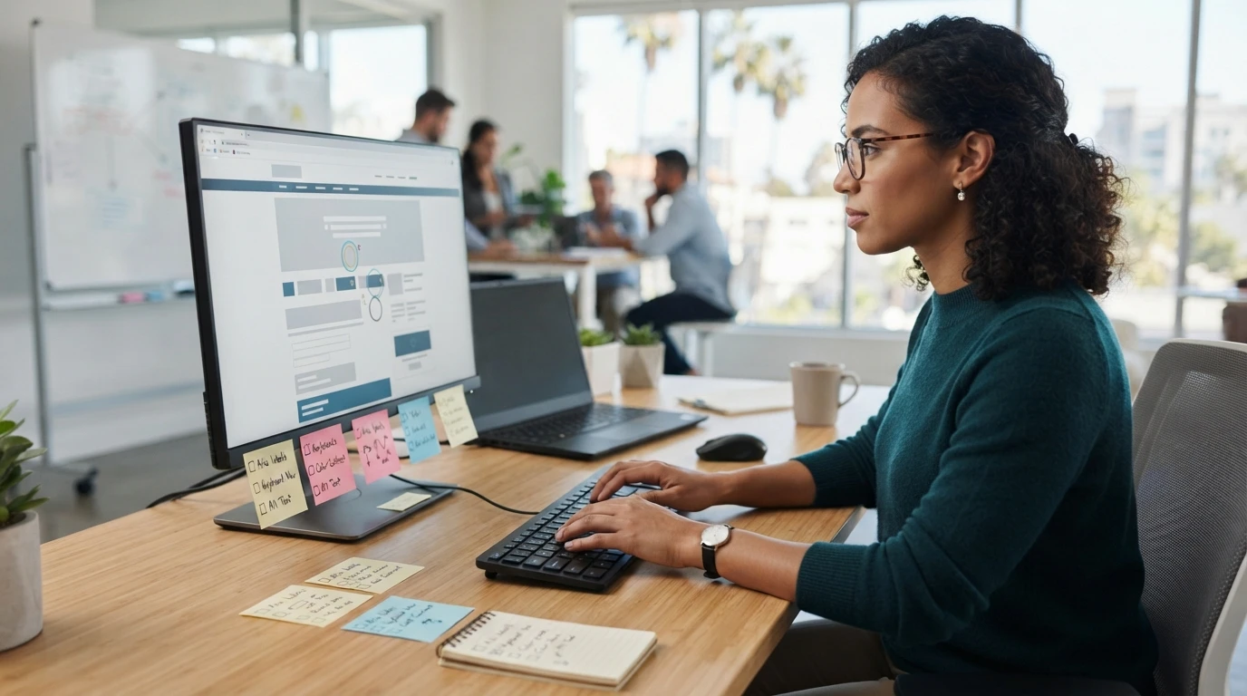 Web designer testing website accessibility with keyboard and checklist