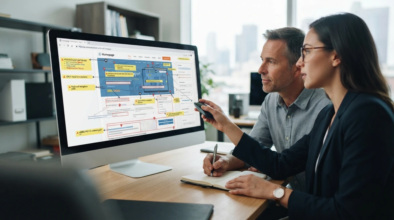 Consultant reviewing annotated website audit with business owner