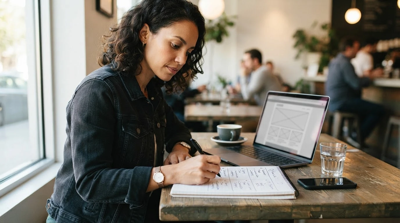 Small Business Owner Weighing Website Options at Cafe